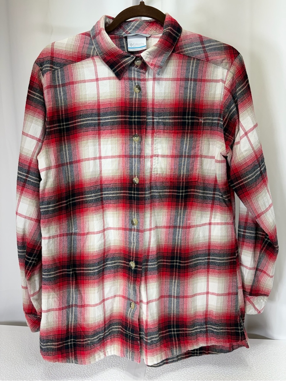 Columbia Red, Black & White Plaid Casual Button-Down Shirt 3825